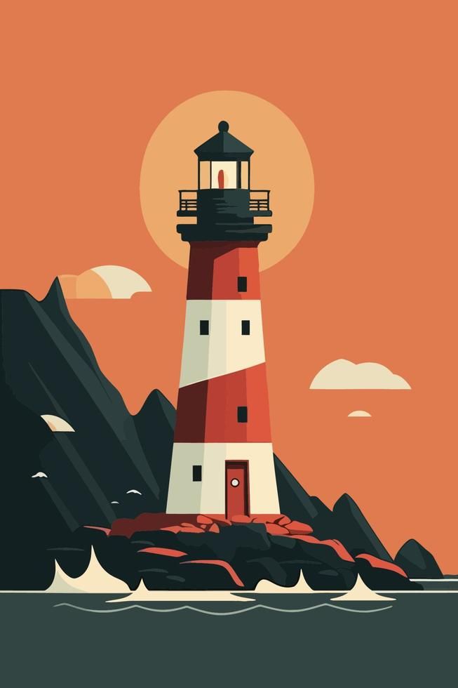 Lighthouse on the rocks_ Vector illustration in flat cartoon style_